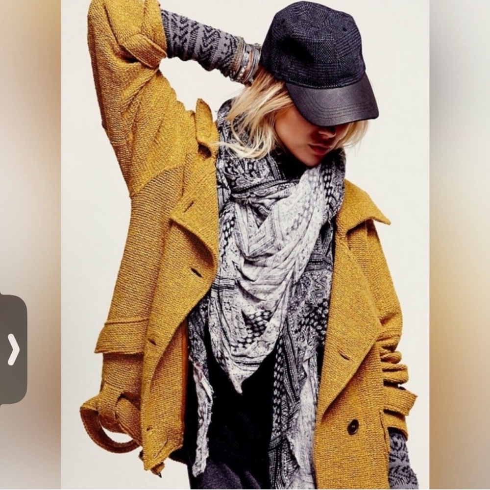 Free People Mustard Textured Knit Belted Jacket Coat Size Medium Slouchy Boho - Picture 2 of 14
